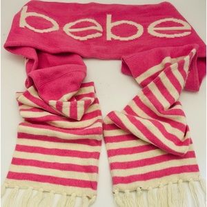 Bebe Logo Long Pink White Striped Knit Scarf Bebe Logo crown